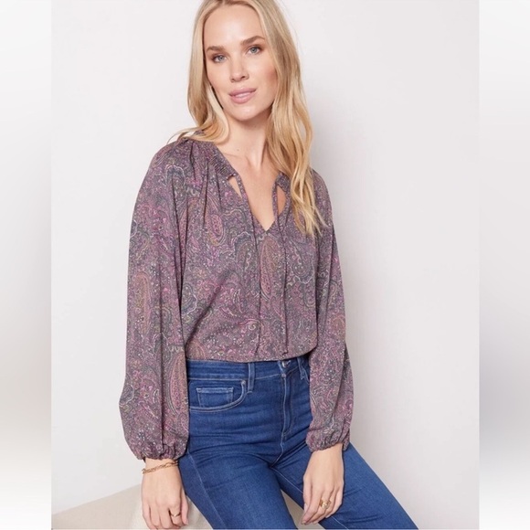 Evereve Blouse Womens Small Brown Pink‎ Paisley Kyra Peasant Blouse V Neck - Picture 1 of 13